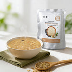Kaicho's Broccoli & Mushroom Oats Porridge served in a bowl with the product pack displayed in the background.