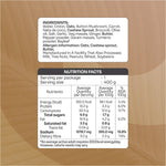 Nutrition facts label for a food product on a brown wood-textured background, showing ingredients, serving size, and nutrient information including energy, protein, carbohydrate, fat, saturated fat, sodium, and dietary fibre.