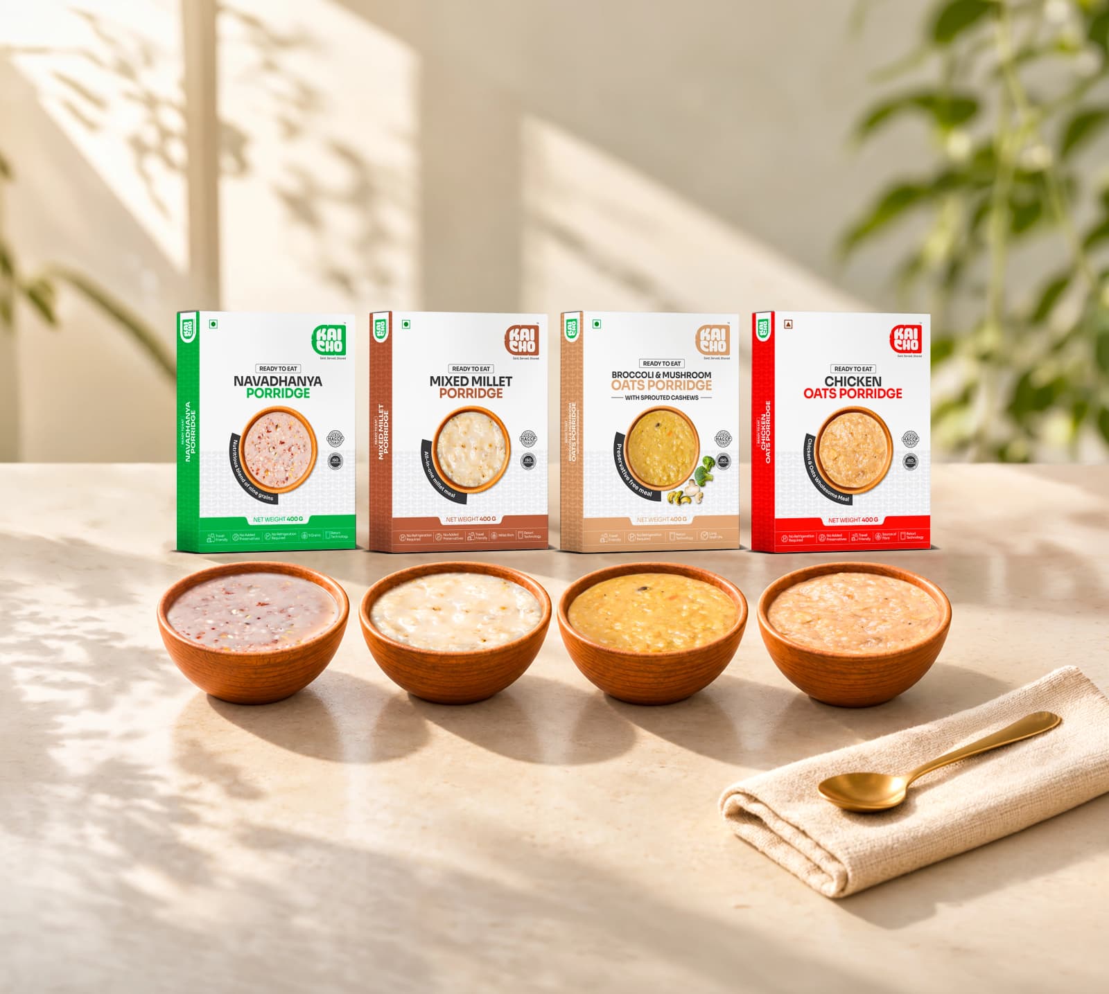 Kaicho porridge range: Navadhanya, Mixed Millet, Broccoli & Mushroom Oats and Chicken Oats, served in wooden bowls