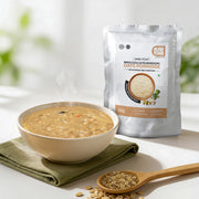 Kaicho's Broccoli & Mushroom Oats Porridge served in a bowl with the product pack displayed in the background.