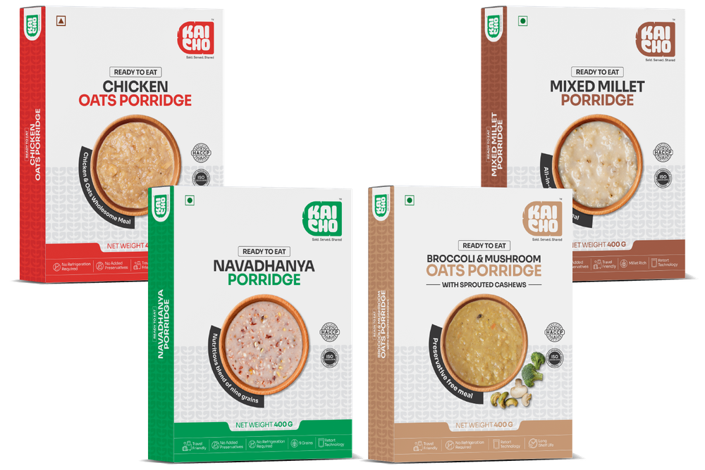 Kaicho Porridge Collection: Chicken Oats, Navadhanya, Mixed Millet and Broccoli & Mushroom porridge packs